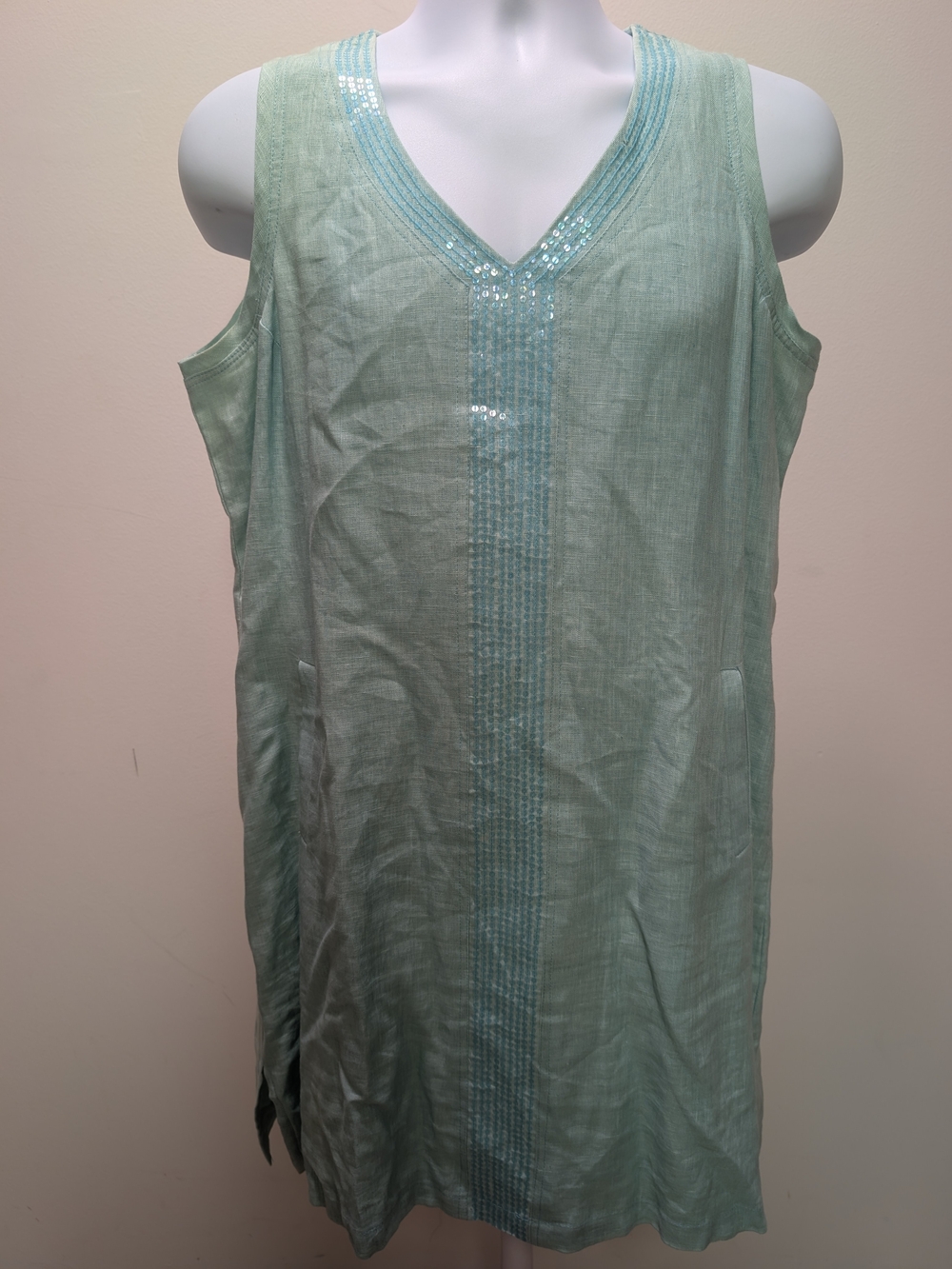 Sleeveless V-Neck Tunic in Light Mint with Sequin Trim